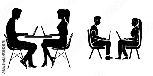 A flat outline design illustrates the concept of freelance work, showing a man and woman working remotely on laptops from home