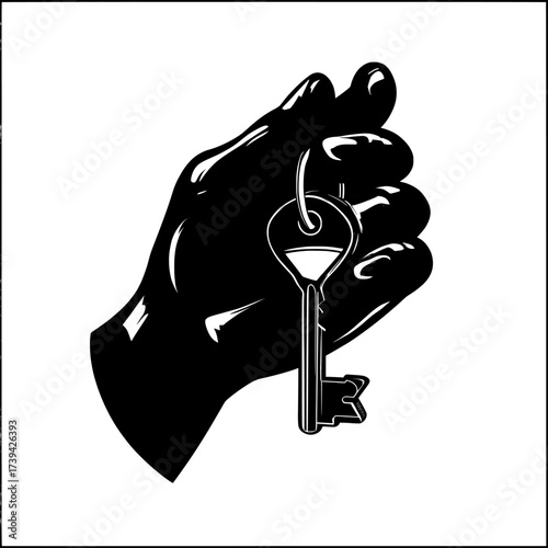 A 3D illustration of a hand grasping a gold key, symbolizing the purchase or rental of a new house or vehicle, with concepts of mortgage, credit, and property sales or apartment rentals, presented in