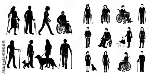 Modern flat illustration featuring people with disabilities, including blind characters accompanied by guide dogs, and diverse characters using wheelchairs, crutches, and prostheses on a isolated