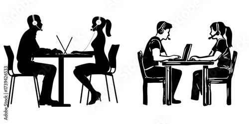 Call center customer support service features operators wearing headsets, with diverse staff seated at tables in a helpdesk setting against a white background, depicted in a modern flat illustration