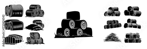 Hay bales, stacks, rolls, and piles, including haystacks, dry grass bundles, and wheat or rye fodder thatch, are isolated on a white background as a modern cartoon set from farm fields, meadows, and