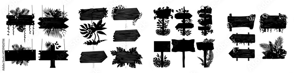 Fototapeta premium Signboards made of stone are situated in the jungle, accompanied by pointers and panels adorned with green leaves and lianas, all set against a modern cartoon backdrop featuring rock boards and