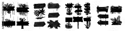 Signboards made of stone are situated in the jungle, accompanied by pointers and panels adorned with green leaves and lianas, all set against a modern cartoon backdrop featuring rock boards and