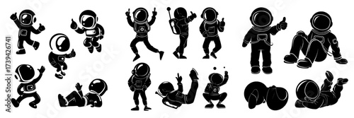 The illustration includes a cute spaceman character in a suit and helmet, depicted in different poses, including running, standing on one leg, showing a thumb up, and lying down