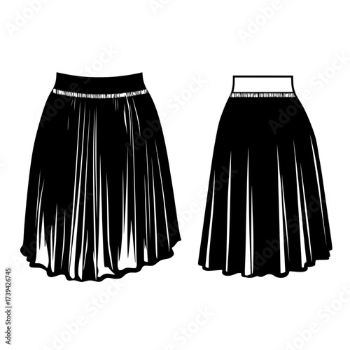 The mini skirt fashion template features a pleated design, elastic waistband, and includes front and back views in white, as part of a CAD mockup set