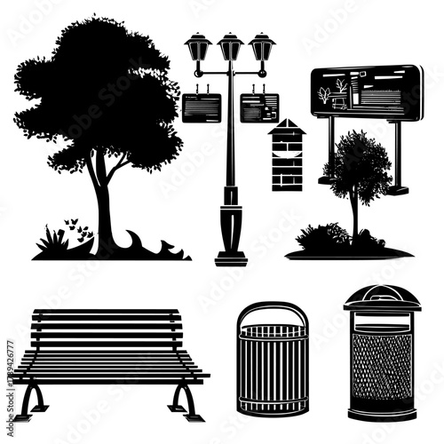 Urban cityscape components, comprising a constructor, cartoon park items, greenery like trees and bushes, street furniture including benches and lamps, and advertisements along with waste bins,