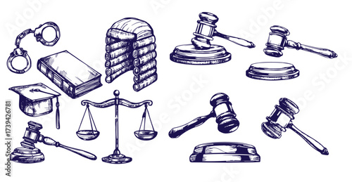  Law symbols set. Scales vector hand drawn