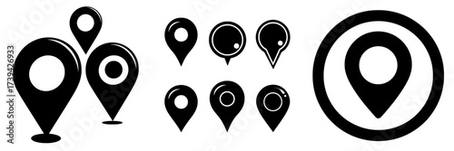 A set of geolocation GPS tag icons is available, including a mark location symbol, location pin icon, and position indicator, all in a modern style