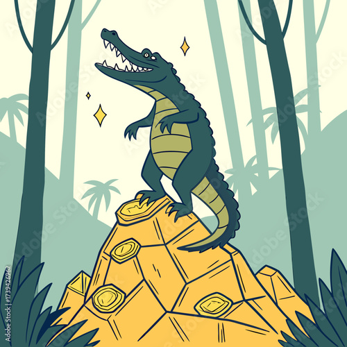 Joyful cartoon alligator standing proudly on a golden treasure pile in a lush jungle setting