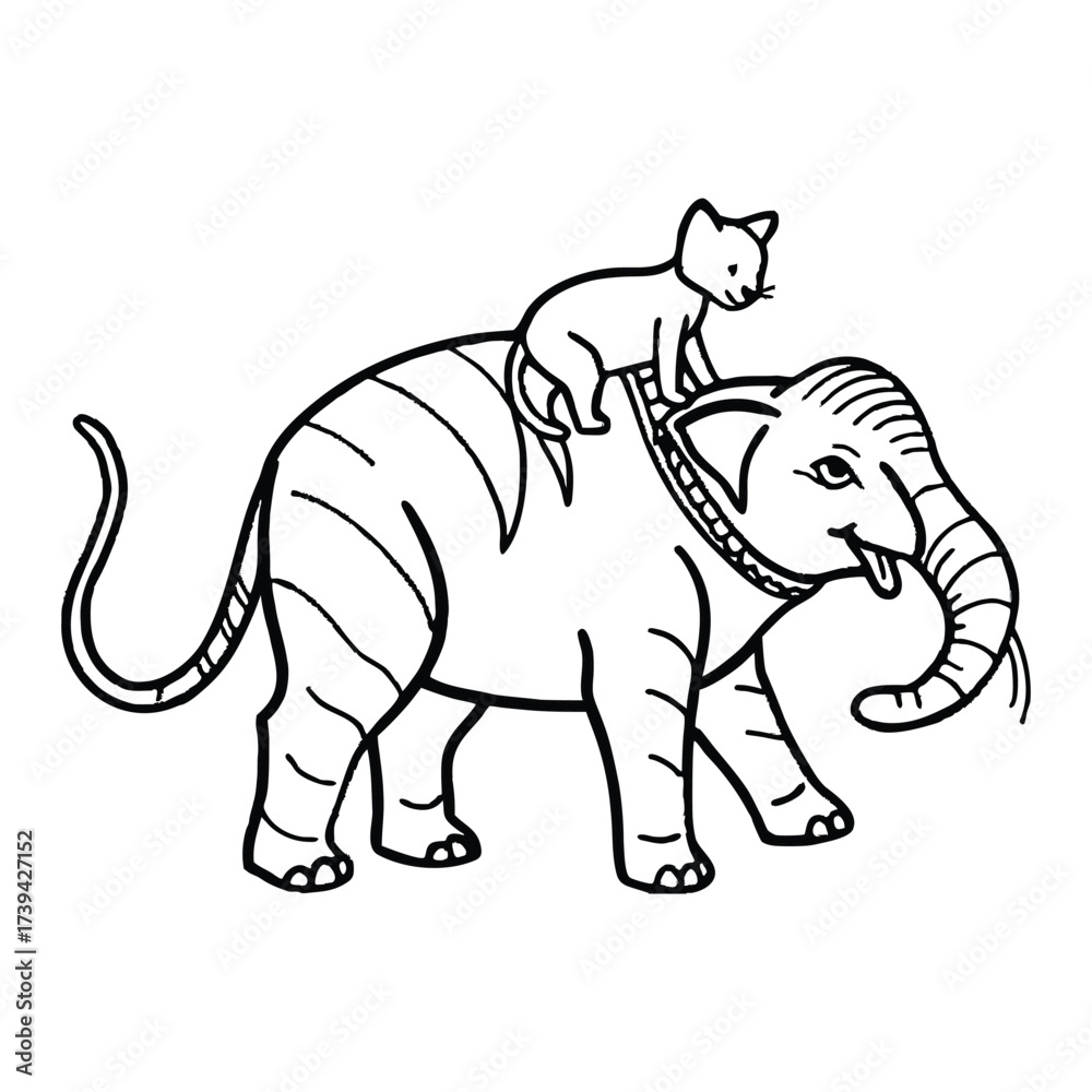 Fototapeta premium Cat climbs elephant’s giant back