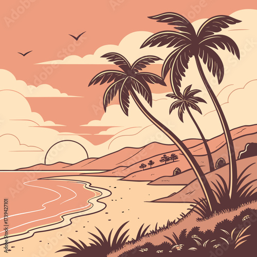 Retro style tropical beach scene with palm trees rolling hills and a warm sunset sky