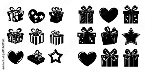 A modern cartoon set features an assortment of gift boxes in different shapes, such as hearts, stars, squares, and rounds, all wrapped in colorful paper with bows, suitable for special occasions like