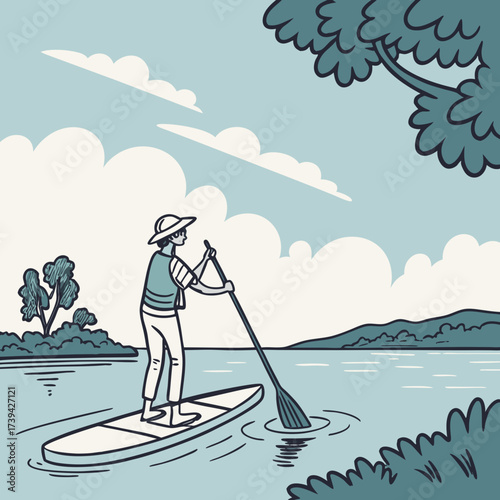 Person wearing a hat and life vest paddleboarding on a calm lake with trees and mountains in the background