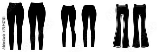Modern illustration of high-rise women's jeans in a flat sketch, including front and back view template with a regular cut and high-waisted design