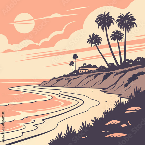 Serene coastal landscape with palm trees and a house on a cliff overlooking the ocean at sunset