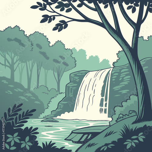 Serene forest waterfall cascading into a calm river surrounded by lush green trees and foliage