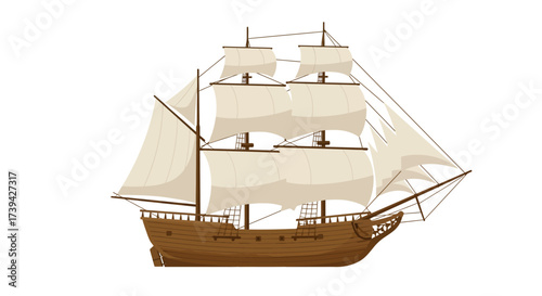 Detailed Illustration of a Classic Sailing Ship with Sails.