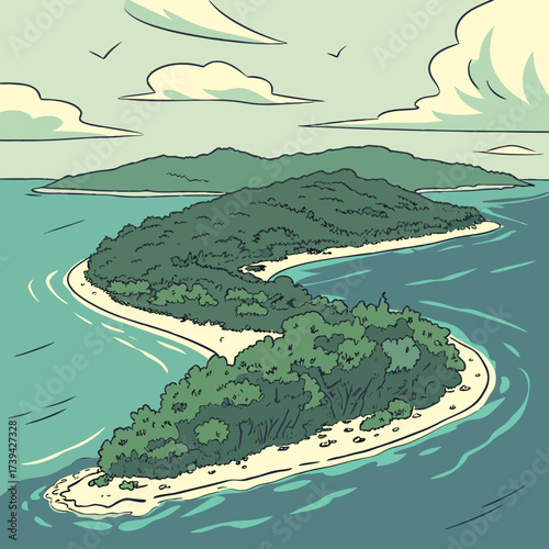 Serene tropical island with lush green vegetation and sandy beaches surrounded by calm turquoise ocean waters