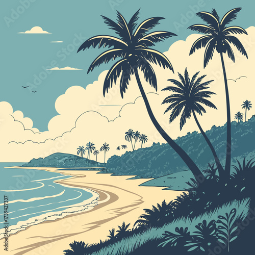 Serene tropical beach with palm trees and gentle ocean waves under a cloudy sky