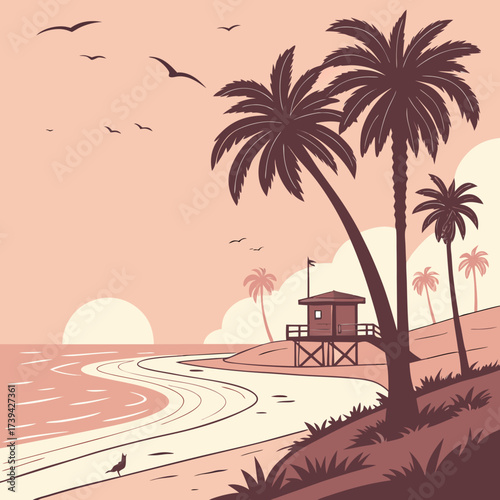 Serene tropical beach scene with palm trees ocean waves and a lifeguard tower at sunset