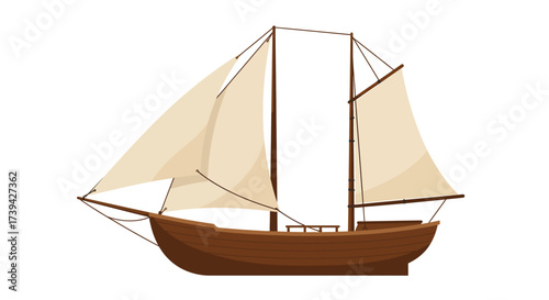 Illustration of a Brown Wooden Sailboat with Cream Colored Sails.