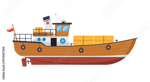 Cartoon Cargo Ship with Polish Flag and Yellow Containers.