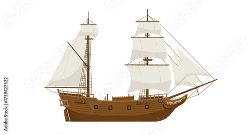 Detailed Illustration of a Classic Sailing Ship with White Sails.