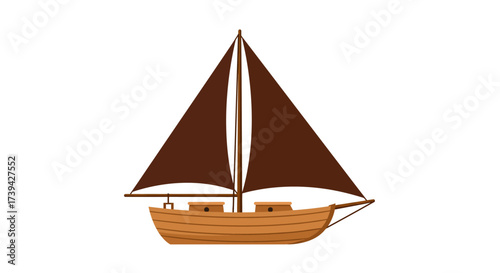 Brown Sailboat Illustration with Two Sails and Wooden Hull.