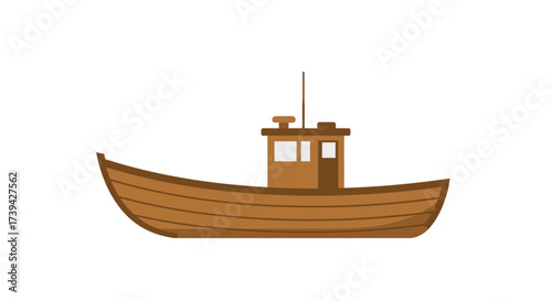 Simple Brown Wooden Boat with Cabin and Mast Illustration.