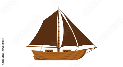 Brown Wooden Sailboat with Tall Mast and Triangular Sails.