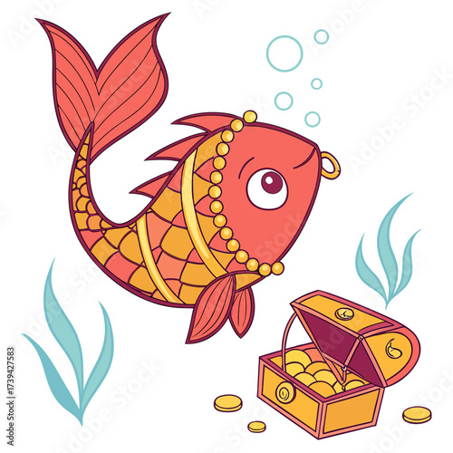 Whimsical cartoon fish wearing a pearl necklace swims near an open treasure chest filled with gold coins underwater