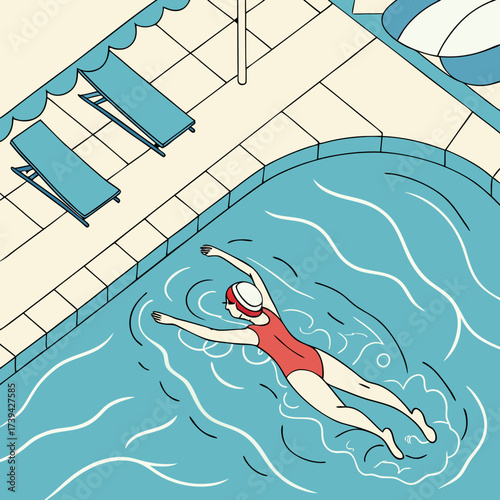 Woman in red swimsuit swimming freestyle in a blue swimming pool with lounge chairs nearby
