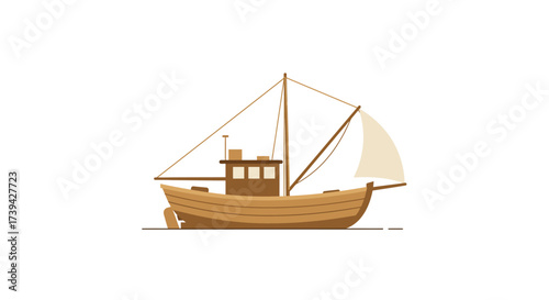Simple Illustration of a Brown Wooden Fishing Boat with Sail.