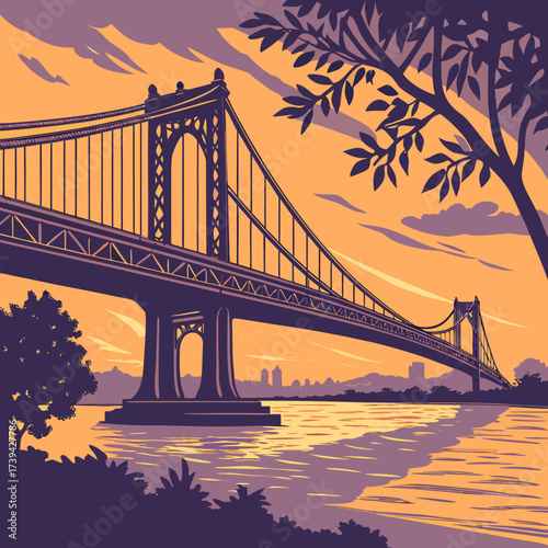 Iconic suspension bridge spanning a wide river at sunset with dramatic orange and purple sky