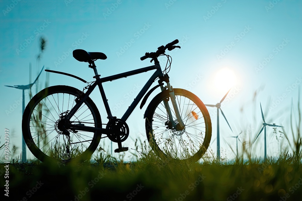 Fototapeta premium Silhouette of a mountain bike in grassy field with windmills and setting sun