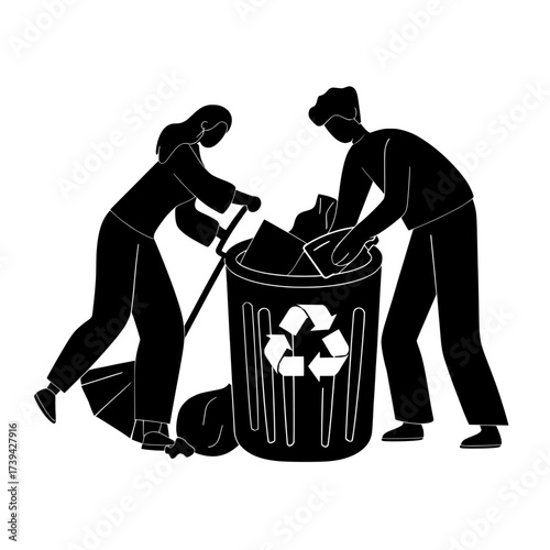The concept of ecology and nature protection is represented by people and volunteers collecting rubbish and garbage for recycling in a modern line art style
