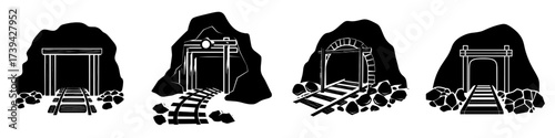 Modern illustration of an old cave in a mountain, featuring a mine entrance set isolated on a white background with a minecart railway and wooden support, surrounded by rocky stones on the ground,