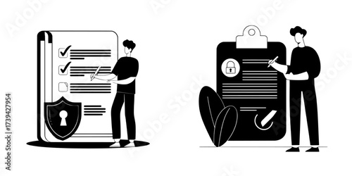 The concept of a terms and conditions landing page is represented through line art, featuring a man signing a document, highlighting business concepts such as account security, privacy policy, and