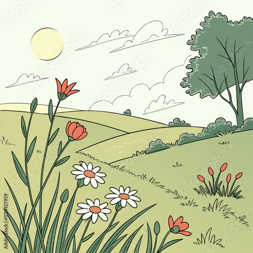 Whimsical cartoon illustration of a sunny meadow with rolling hills and blooming wildflowers under a cloudy sky