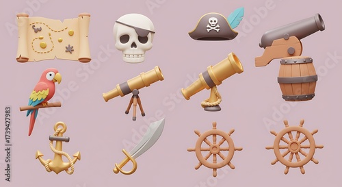 Vibrant 3D Rendered Pirate Themed Icons Set, Featuring Skull, Map, Anchor, and Ship Wheels for Adventure Concepts