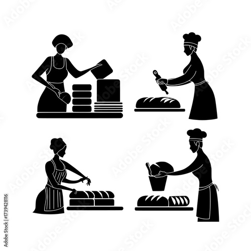A flat modern illustration isolated from other elements shows bakers characters making cakes and bread