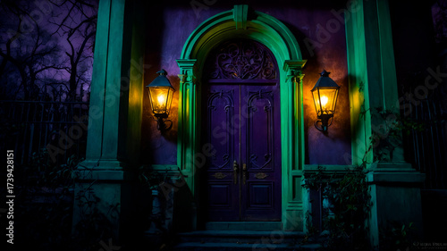 Gothic haunted mansion entrance with swirling purple mist, green highlights, bats silhouette and warm lantern light, elegant spooky mood.
