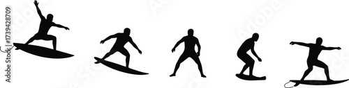 Surfing silhouette set, surfer on wave in dynamic poses, black vector illustration, water sport motion, beach activity, athletic stance