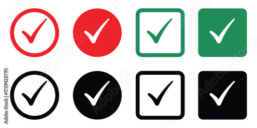 Free Download Set of check mark icons in different styles—red, green, black, circle and square backgrounds. Perfect for concepts like approval, validation, selection, and completed tasks. - GFXLoad
