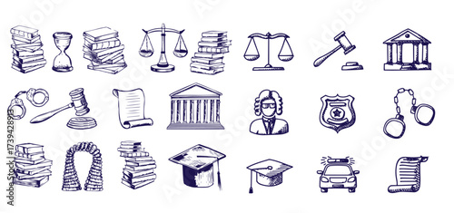  Law symbols set. Scales vector hand drawn