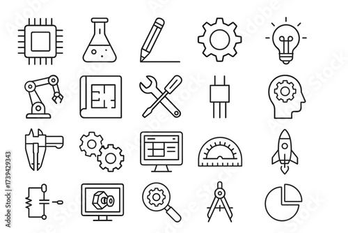 Engineering and Technology Icon Set — Innovation, Science and Industry Line Symbols