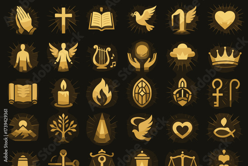 Golden Spiritual Faith Icon Set — Religion, Prayer, Christianity and Hope Symbols