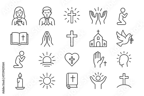 Christian Faith Line Icon Set — Prayer, Bible, Church, Cross, Hope and Spiritual Symbols