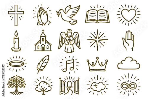 Religion and Spirituality Icon Set — Faith, Peace, and Sacred Symbols in Linear Style