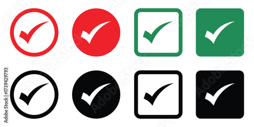 Set of check mark icons in different styles—red, green, black, circle and square backgrounds. Perfect for concepts like approval, validation, selection, and completed tasks.